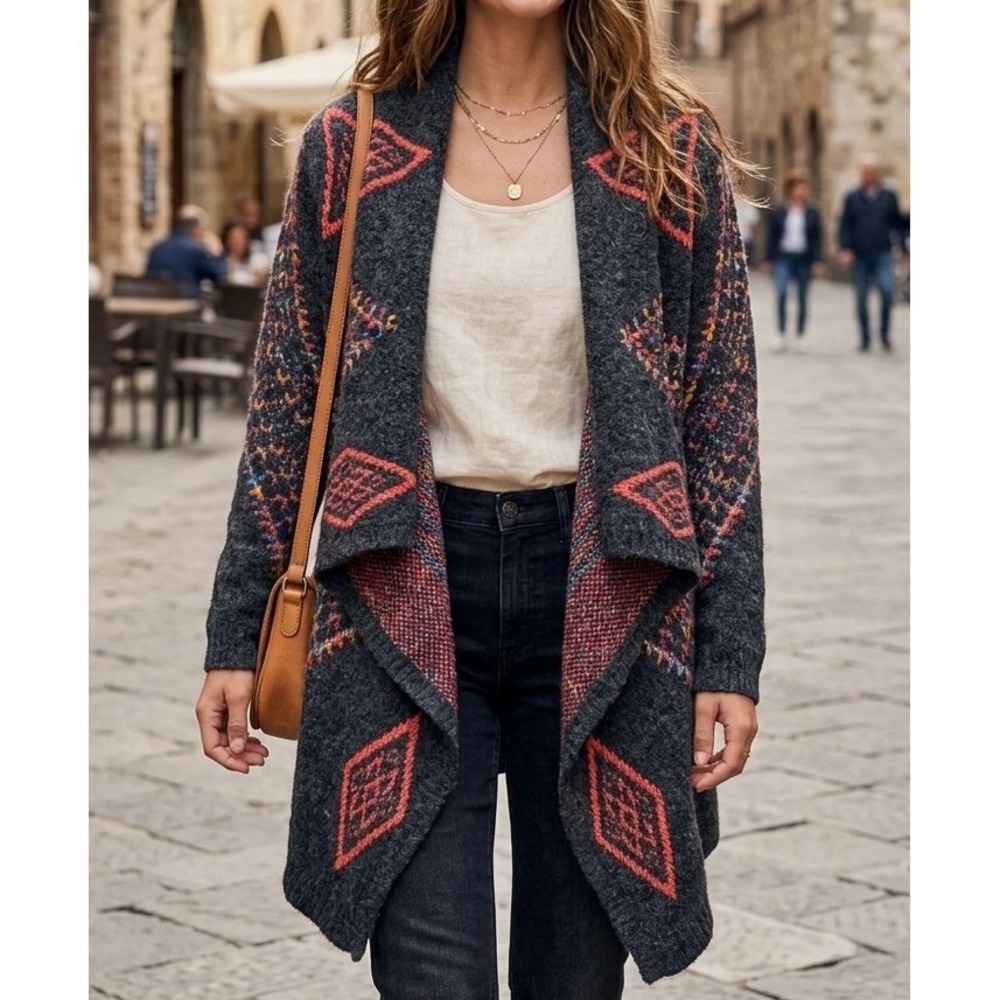 Dreamers by Debut Gray‎ Aztec Diamond Open Front Cardigan  Womens Small Boho